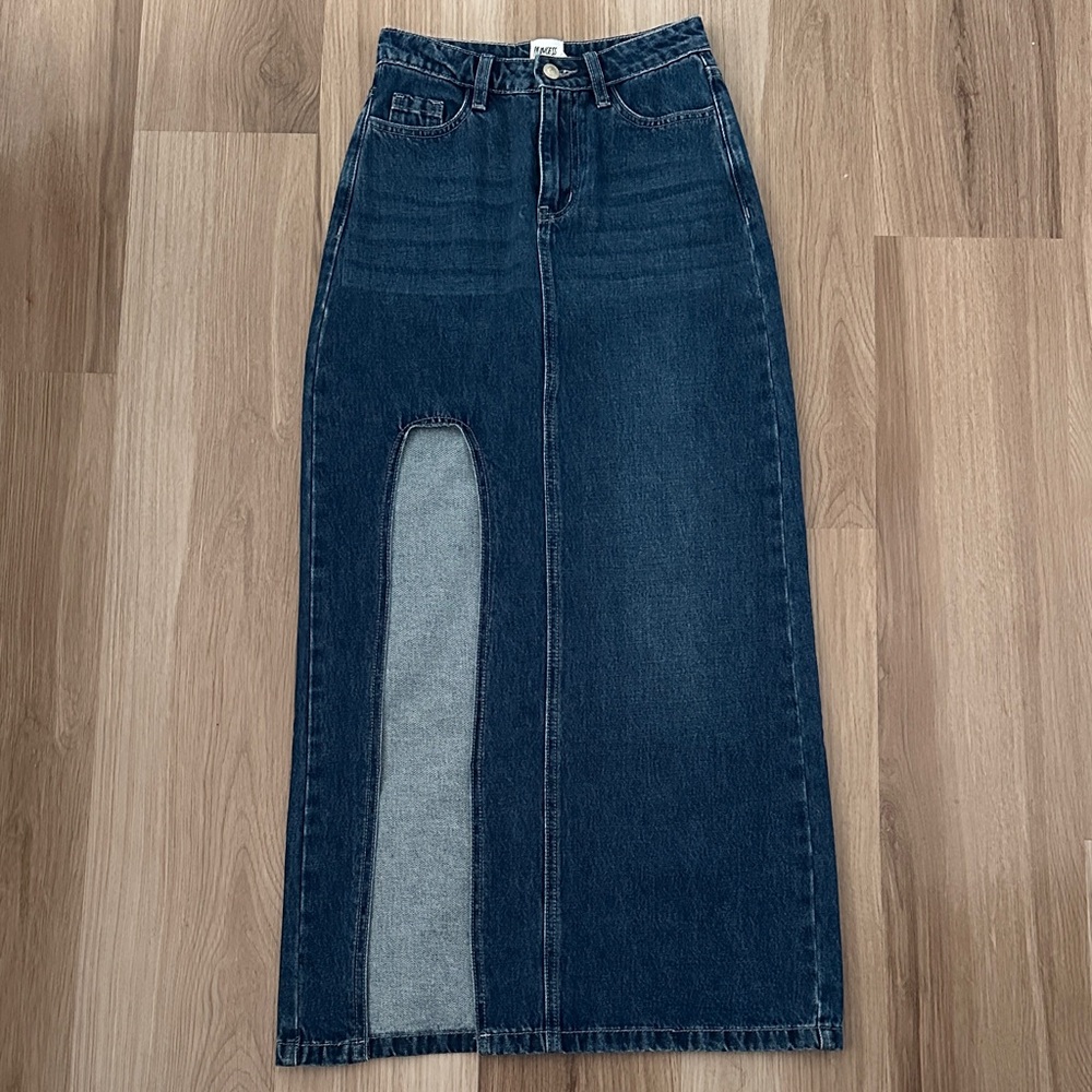 NWT Princess Polly Dark Blue Denim Maxi Skirt with Slit